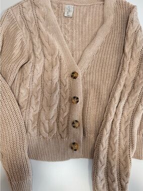 Joie Beige Cable Knit V-Neck Button Cardigan